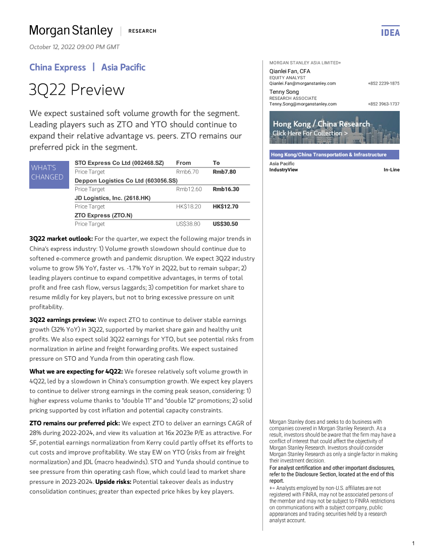 2022-10-12-Morgan Stanley-China Express 3Q22 Preview-987062312022-10-12-Morgan Stanley-China Express 3Q22 Preview-98706231_1.png